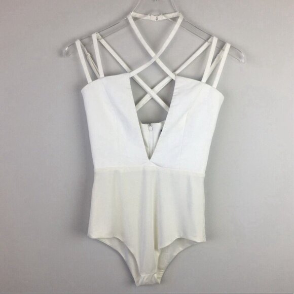 AQAQ La Rocha‎ White Multi Strap Plunge Deep V Bodysuit Vixen MobWife Angel - Picture 2 of 8